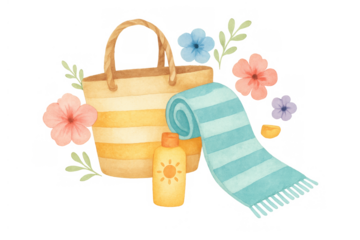 Summer vacation beach essentials with watercolor bag, striped towel, sunscreen, and tropical flowers on a transparent background