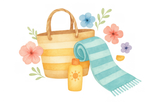 Summer vacation beach essentials with watercolor bag, striped towel, sunscreen, and tropical flowers on a transparent background - Powered by Adobe