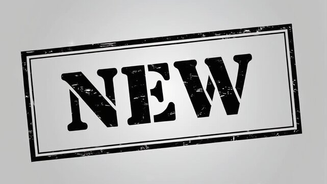 A rectangular stamp with the word "NEW" in bold, black letters, on a gray background.