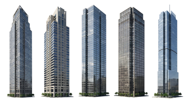 Five modern skyscrapers, with glass and concrete facades and green trees at base, PNG isolated on transparent background