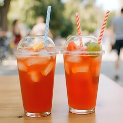 two Italian sodas in clear plastic cups with red and white straws