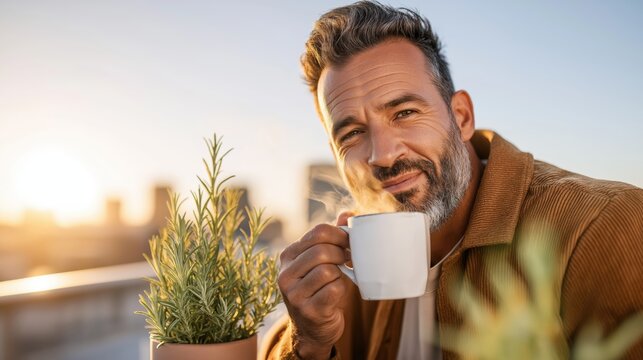 A middle-aged man sips coffee on a balcony while sunrise illuminates the city skyline and plants
