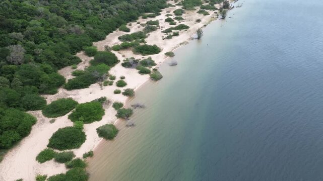 Camera panning up along the shore of Lake Sibaya, pristine beach and thick foliage, part of the Great St Lucia Wetlands park 4K Aerial video
