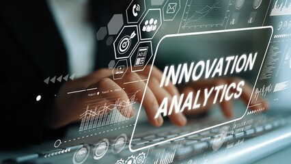 Business Professional Engaged in Innovation Analytics with Data Visualizations and Technology Interface in Modern Workspace. Asymptotic smart data analytic.