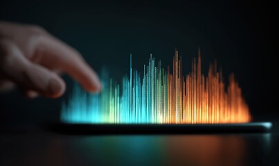 Young person learns data science using a tablet displaying colorful sound wave graphics