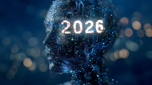 Futuristic digital head with circuitry and glowing 2026 number - Powered by Adobe