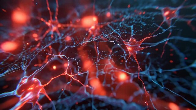 Neural network activity with glowing red and blue connections representing brain function and artificial intelligence.