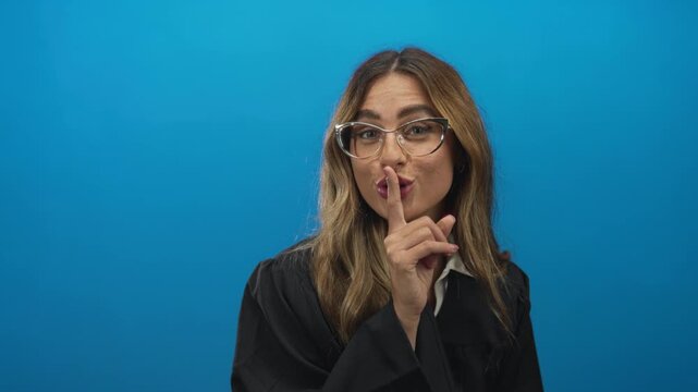 Female judge wearing glasses and judicial robe places finger to lips gesture in a studio with blue backdrop; quiet secrecy.