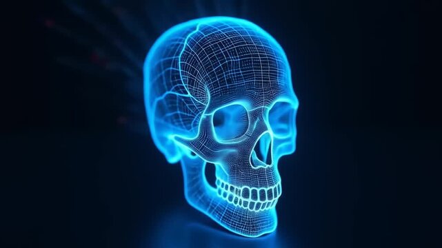 3D Rendered Blue Skull with Energy Lines.
