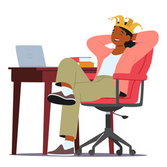 Happy satisfied home office freelance worker cartoon character wearing crown sitting at desk table