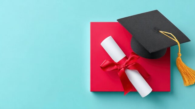 Celebratory Graduation Cap and Diploma on Vibrant Background Signifying Academic Achievement and New Beginnings with Symbolic Colors and Design - Powered by Adobe