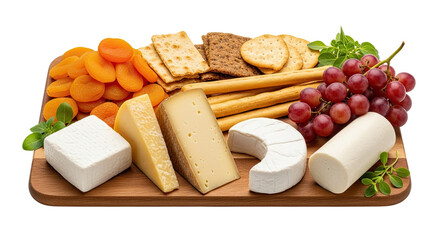 An elegant cheese platter featuring a variety of hard and soft cheeses, breadsticks, crackers, red grapes, and dried apricots on a wooden serving board isolated on a black background