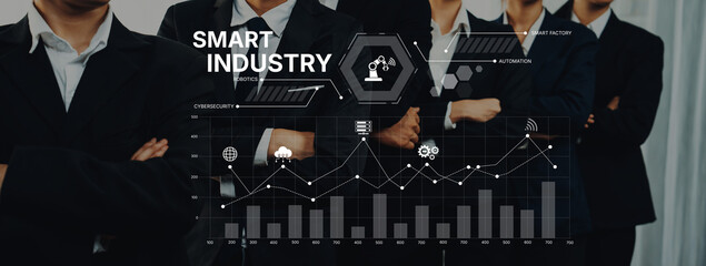 Business professionals stand confidently in formal attire, representing the integration of smart industry and technology, highlighting data analysis and corporate growth strategies. Trope