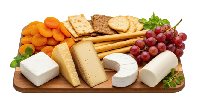 An elegant cheese platter featuring a variety of hard and soft cheeses, breadsticks, crackers, red grapes, and dried apricots on a wooden serving board isolated on a black background