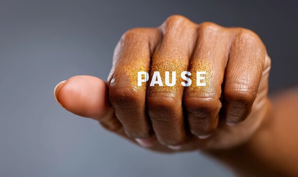 A strong hand displays the word Pause, encouraging viewers to take a break and reflect on their lives calmly
