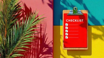 A Vibrant Checklist Against a Tropical Background with Shadows of Leaves Captured in a Bright and Cheerful Setting, Perfect for Organizing and Planning