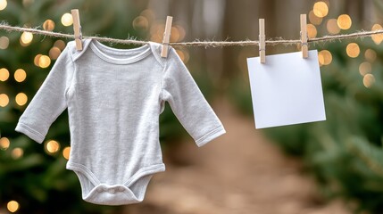 A baby's white onesie is hanging on a clothesline. The baby is missing, and the clothesline is empty
