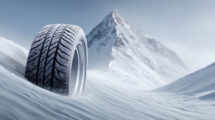 A tire is on a snowy mountain. The tire is upside down and has snow on it. Concept of adventure and excitement, as if someone is about to go on a thrilling ride down the mountain
