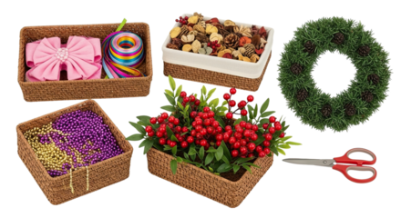 An assortment of DIY holiday crafting supplies featuring a green wreath, wicker baskets with ribbons, bows, beads, and potpourri, arranged with scissors on a black background