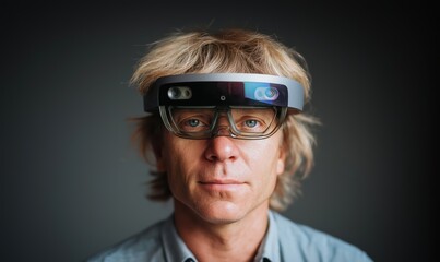 Scientist explores holographic data using AR glasses in a focused setting with a blurred background