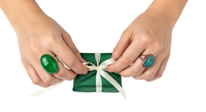 A woman's hands with beautiful gemstone rings carefully tying a white satin ribbon bow on a small green gift box for a special occasion, isolated on a black background