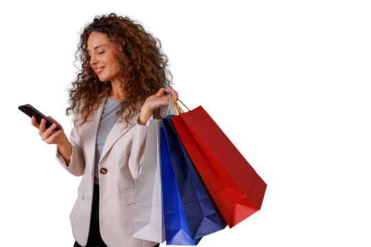 Young woman online shopping, browsing smartphone with various colored shopping bags, transparent background