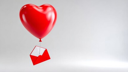 A red heart balloon with a red envelope attached to it. The balloon is floating in the air, and the envelope is open, revealing a message inside. Concept of love and romance, as the heart balloon