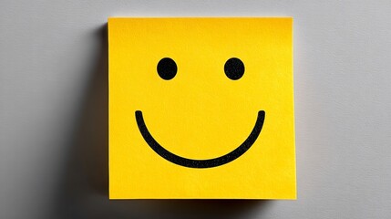 A yellow sticky note with a smiley face on it. The yellow color of the note and the smiley face convey a positive and cheerful mood