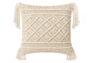 Macrame cushion with geometric pattern and fringe tassels, adding bohemian texture to home decor