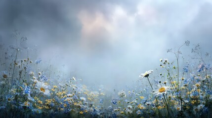 Field of White and Yellow Daisies Under a Misty Sky in Dreamy Landscape
