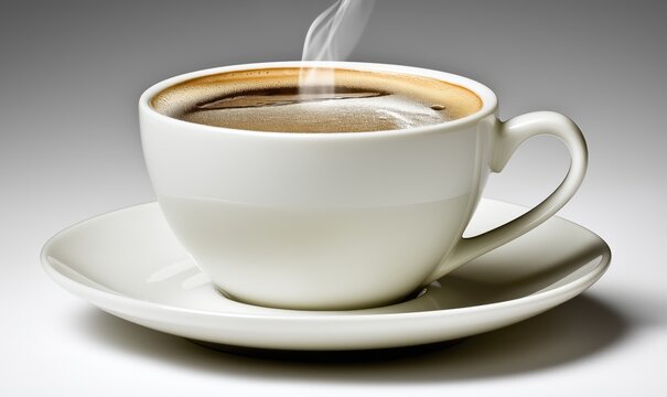 A warm steaming coffee cup sits on a white plate, illuminated by soft morning light - Powered by Adobe