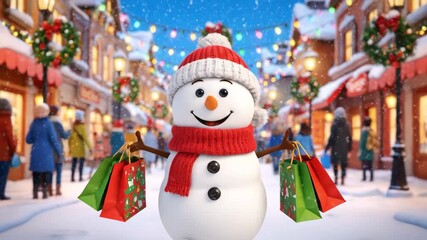 Cheerful snowman with shopping bags joyfully walks through a festive winter street, camera zooms in to capture the holiday spirit and decorations