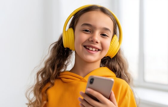 A cheerful teenage girl enjoys music with her yellow headphones while holding her smartphone in a well-lit room