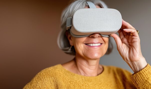 Senior woman enjoys virtual reality experience at home, wearing a headset and smiling brightly