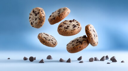 A close up of a pile of chocolate chip cookies with a blue background. The cookies are flying through the air, creating a sense of motion and excitement. The image conveys a feeling of indulgence