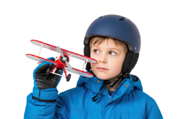 A thoughtful young boy in a blue winter jacket and protective helmet holds a red toy biplane, dreaming of flight and adventure against a solid black background