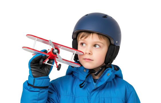 A thoughtful young boy in a blue winter jacket and protective helmet holds a red toy biplane, dreaming of flight and adventure against a solid black background