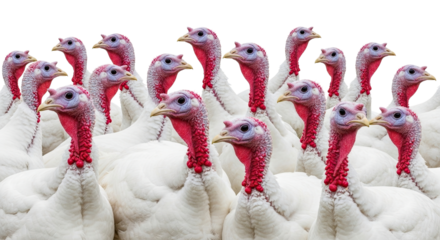 A large flock of white domestic turkeys with colorful red wattles and blue heads are crowded together in a dense group, isolated against a solid black background