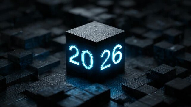 Futuristic 2026 cyber cube with neon blue glow in digital grid