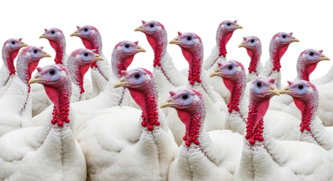 A large flock of white domestic turkeys with colorful red wattles and blue heads are crowded together in a dense group, isolated against a solid black background
