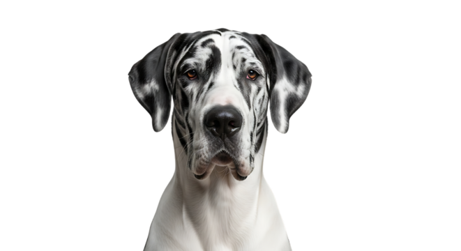 Harlequin Great Dane dog face, with black and white markings, isolated on transparent background. PNG