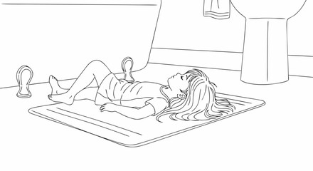 Girl laying on bathroom mat with relaxed expression, hair spread out and feet tucked comfortably. Scene captures calmness and comfort, showcasing a moment of tranquility in bathroom setting.