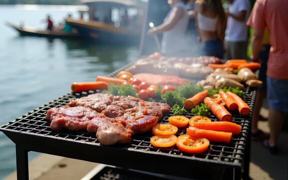 A vibrant barbecue scene by the water, featuring grilled meats and colorful vegetables, with people socializing in the background. High quality
