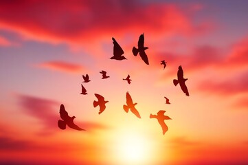 Obraz premium Many flying birds on colored dramatic sky background.