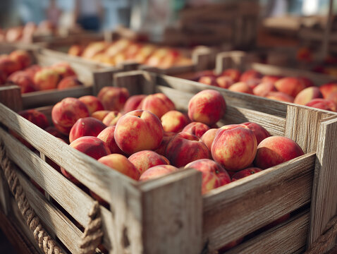 Fresh peaches in wicker baskets at a local market during a sunny afternoon