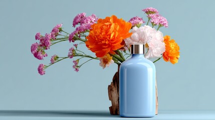 A blue vase with flowers in it sits on a wooden surface. The vase is filled with a variety of colorful flowers, including pink, orange, and white. The arrangement is simple yet elegant