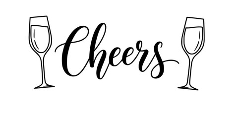 Script "Cheers" Champagne Flutes Elegant Line Art Vector