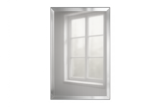 Mirror reflecting window frame, light, and shadow on an interior wall with a transparent background