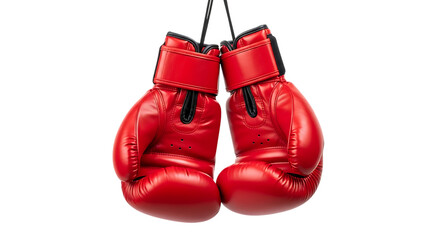 Pair of bright red leather boxing gloves, hanging by black laces, isolated on transparent background. PNG