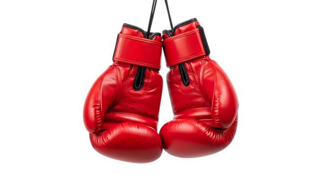 Pair of bright red leather boxing gloves, hanging by black laces, isolated on transparent background. PNG